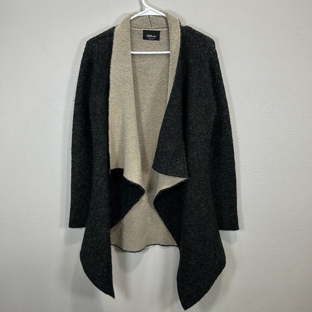 Zara knit‎ waterfall cardigan contrast colors dark gray tan